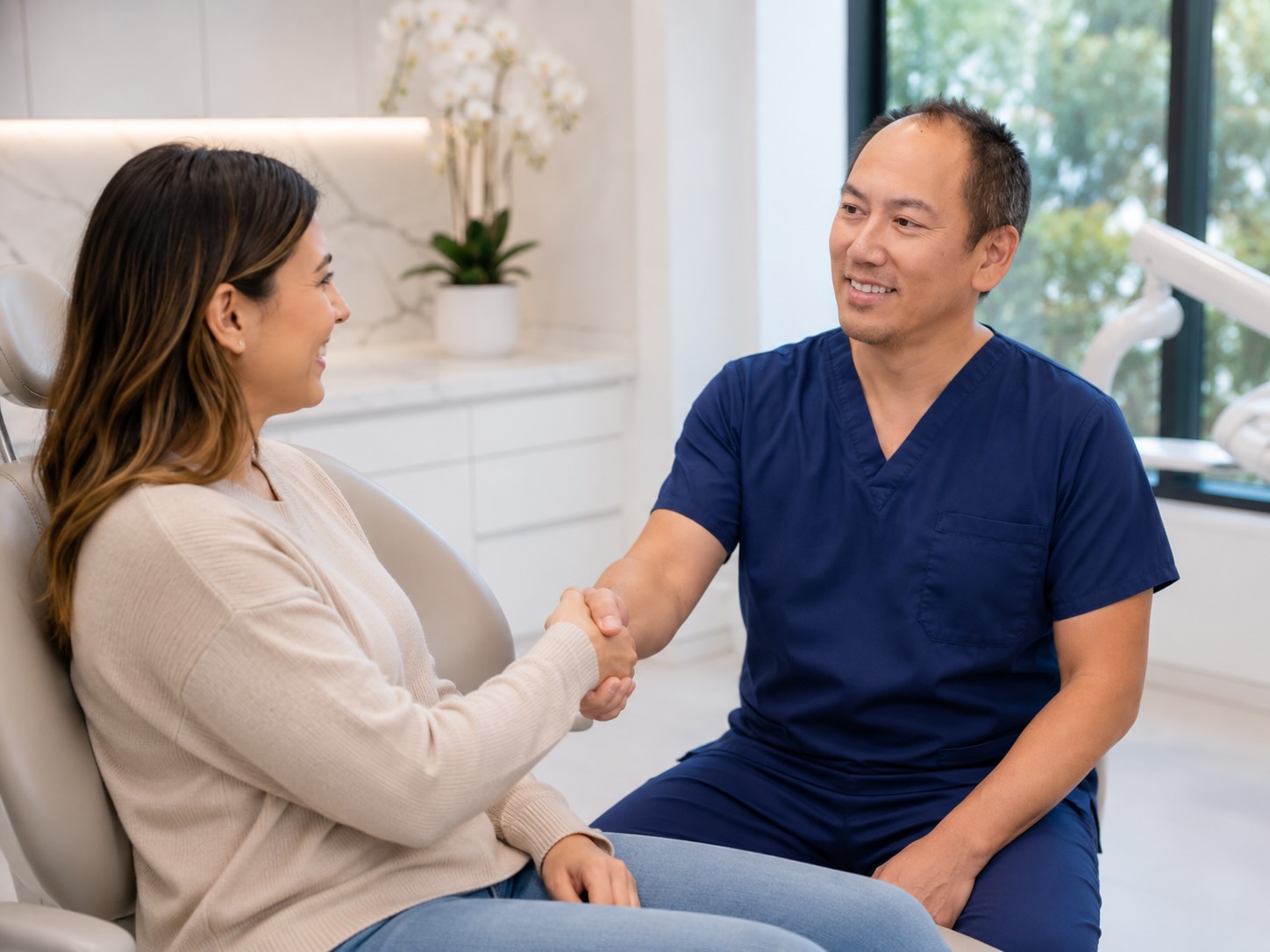 Cosmetic dentist Dr. Joseph Nguyen greeting a smile makeover patient at Willowbrook Dentistry in Houston