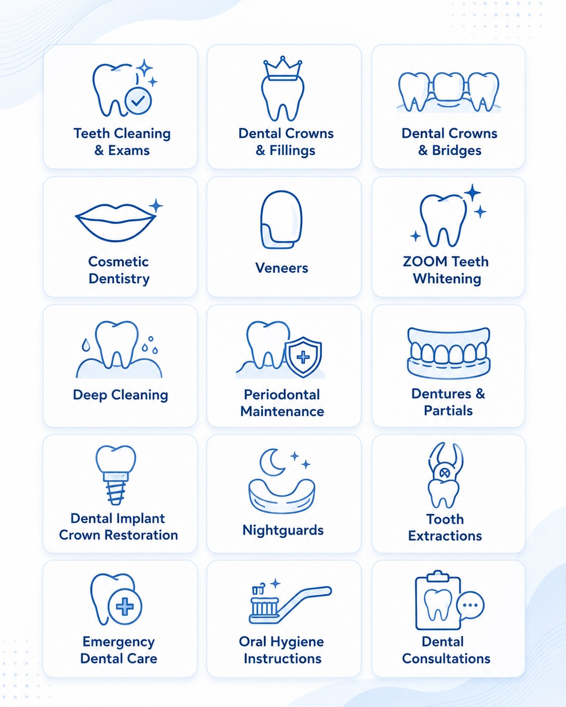 Infographic showing dental services at Willowbrook Dentistry in Houston, including teeth cleaning and exams, crowns and fillings, cosmetic dentistry, veneers, teeth whitening, deep cleaning, periodontal maintenance, dentures, implants, nightguards, extractions, emergency dental care, oral hygiene instructions, and dental consultations