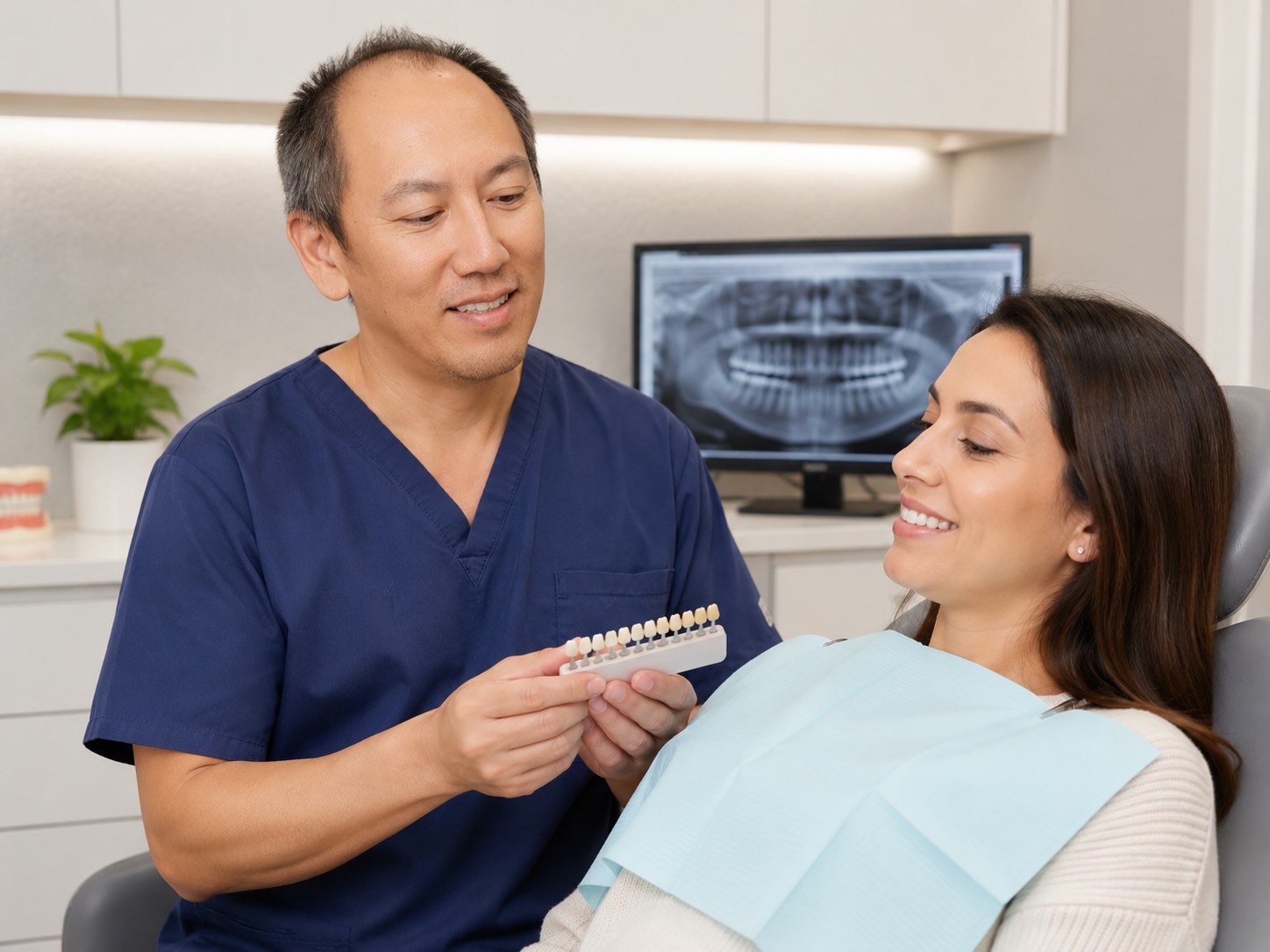 Dr. Joseph Nguyen discussing dental crowns and fillings with a patient at Willowbrook Dentistry in Houston