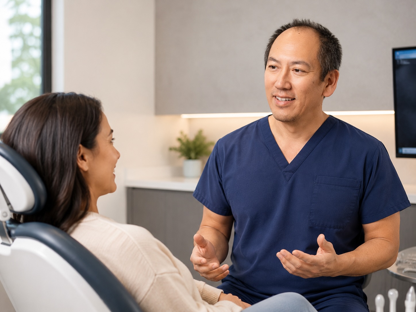 Dr. Joseph Nguyen discussing emergency dental care with a patient at Willowbrook Dentistry in Houston