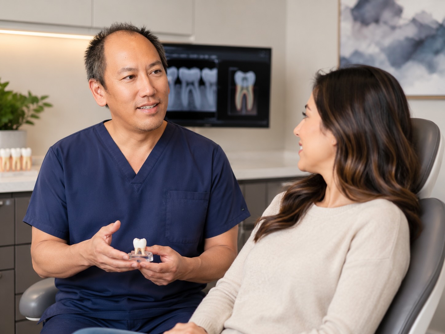 Dr. Joseph Nguyen explaining restorative dental crowns and fillings to a patient in Willowbrook Houston