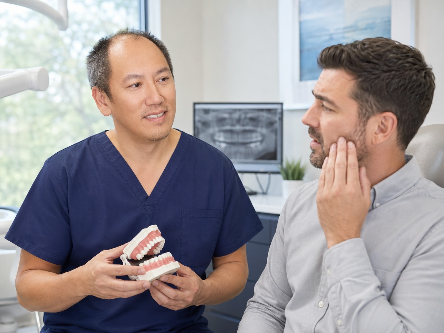 Dr. Joseph Nguyen explains emergency dental care to a patient with tooth pain at Willowbrook Dentistry in Houston
