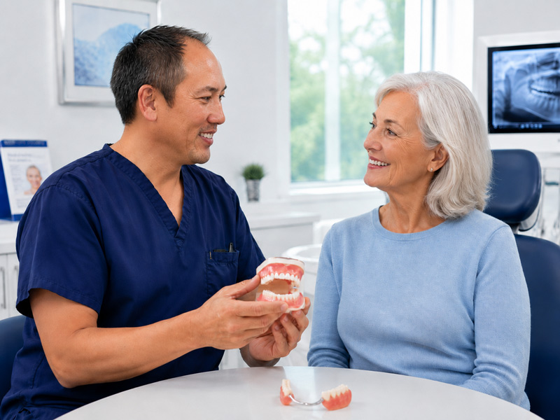 Dr. Joseph Nguyen dentures and tooth replacement consultation in Willowbrook Houston